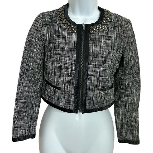 H&M Black Crop Jacket Sz 2 Beaded Collar Tweed Full Zip Long-Sleeve Layering Top - Picture 5 of 8